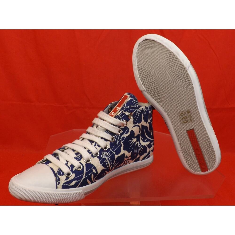 NIB PRADA 3T5731 WHITE BLUE FLORAL DENIM LEATHER CANVAS HIGH TOP SNEAKERS 35.5 - Picture 9 of 9